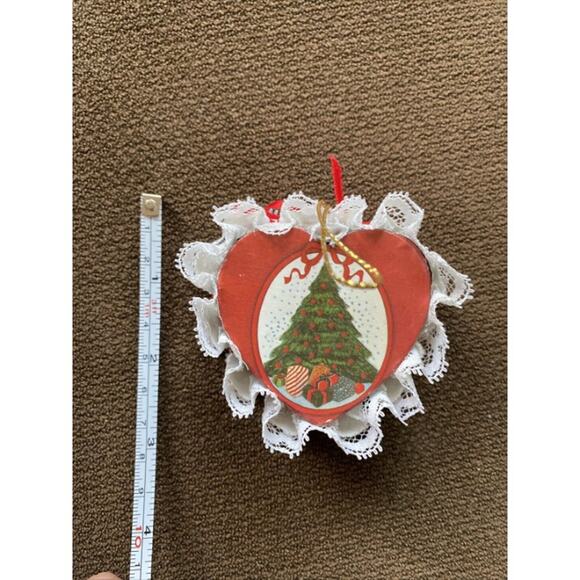 Handmade Red Wooden Heart Decoration Christmas Tree Ribbon White Ornament Cute - Picture 8 of 11